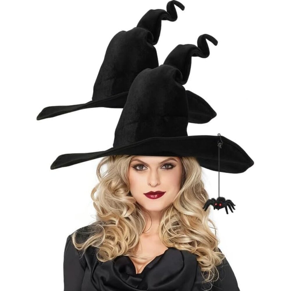 2-Piece Halloween Witch Hat Velvet with Detachable Spider for Women Costume